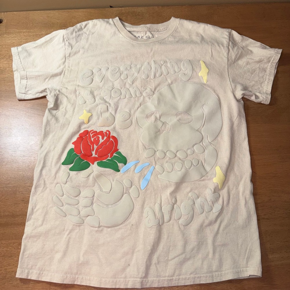 PacSun Everything Is Gonna Be Alright Skull Rose Puff Print Cream Tee Shirt M